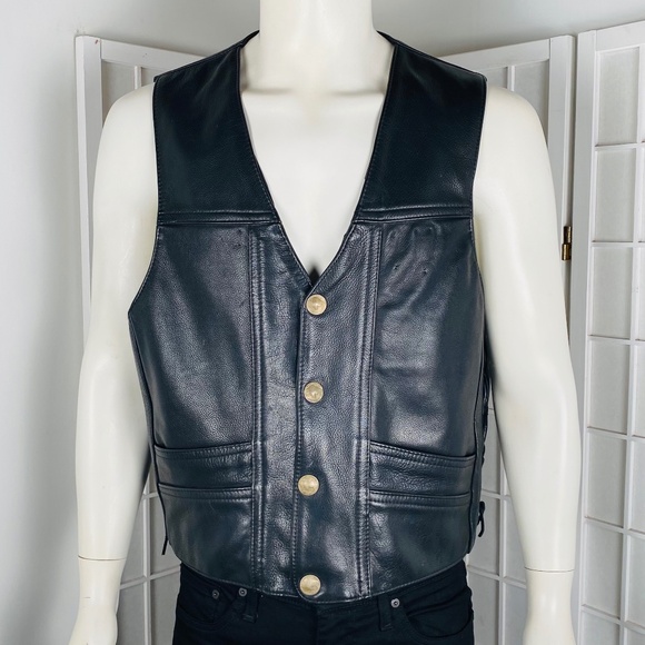 Vintage US Made Co.Harley Davidson Mens Leather Vest w/Buffalo Coin Buttons, XL. - Picture 1 of 5